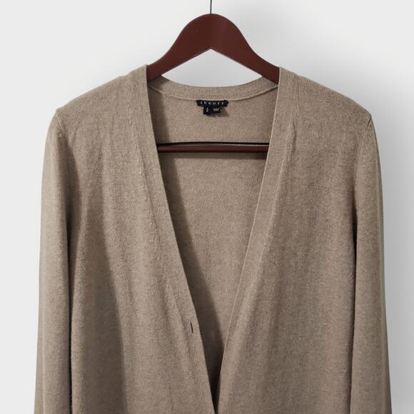 Theory Womens Cashmere Longlined Button Front Cardigan Oatmeal Sz Small *FLAW* - Picture 2 of 14